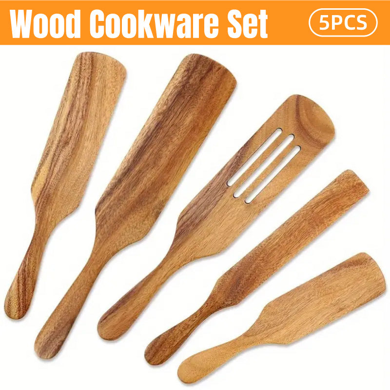 5 Pcs Teak Wooden Spatula Set Kitchen Cooking Utensils