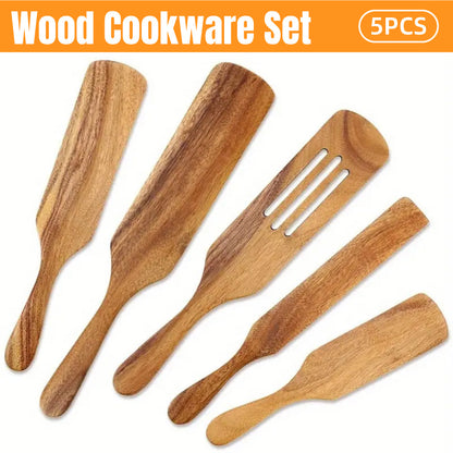 5 Pcs Teak Wooden Spatula Set Kitchen Cooking Utensils