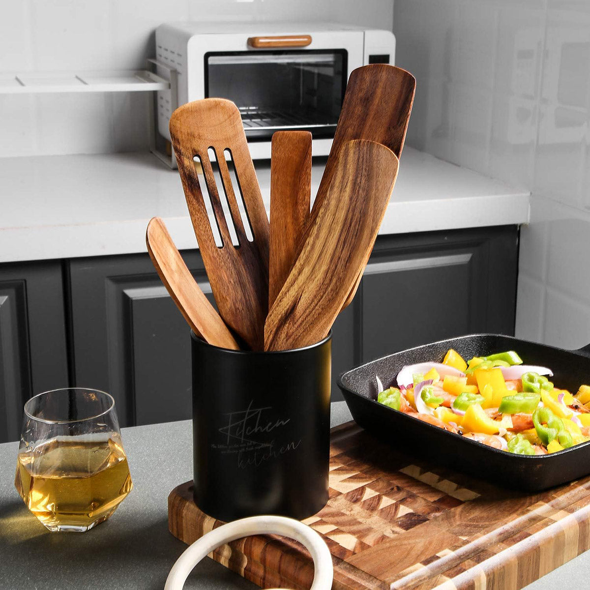 5 Pcs Teak Wooden Spatula Set Kitchen Cooking Utensils