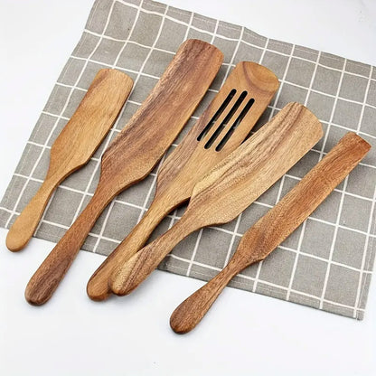 5 Pcs Teak Wooden Spatula Set Kitchen Cooking Utensils