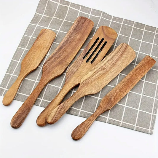 5 Pcs Teak Wooden Spatula Set Kitchen Cooking Utensils