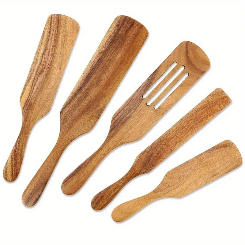 5 Pcs Teak Wooden Spatula Set Kitchen Cooking Utensils