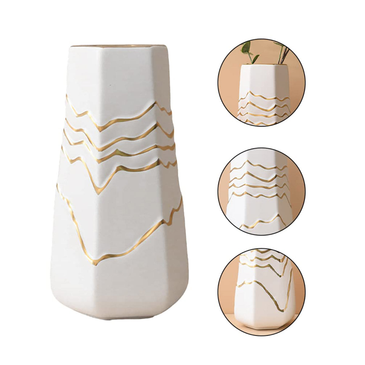 Ceramic Flower Vase White with Gold Accents Home Hotel Decor