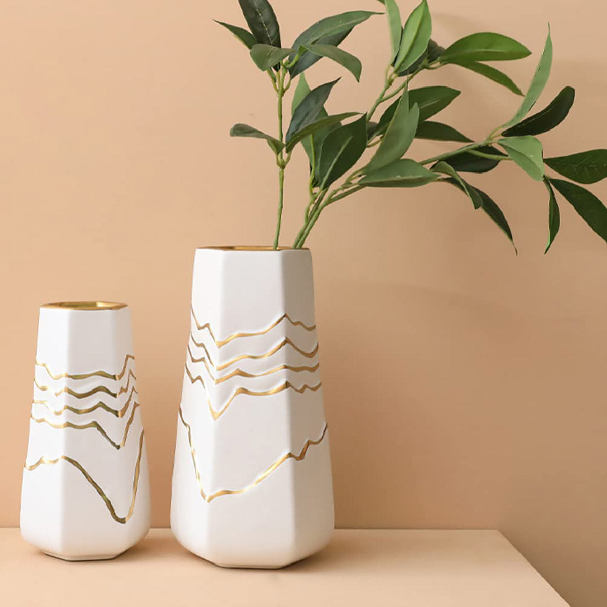 Ceramic Flower Vase White with Gold Accents Home Hotel Decor