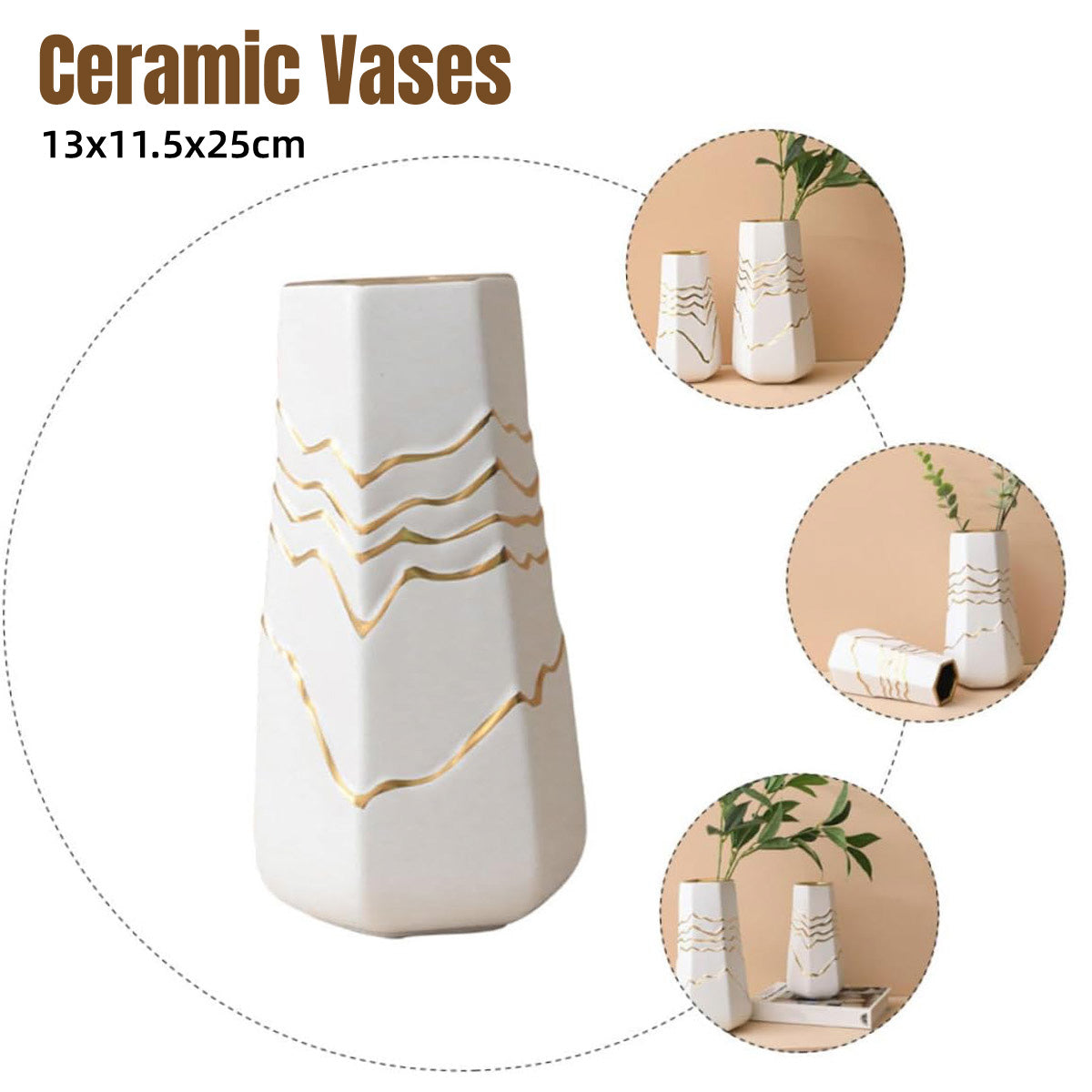 Ceramic Flower Vase White with Gold Accents Home Hotel Decor