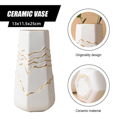 Ceramic Flower Vase White with Gold Accents Home Hotel Decor