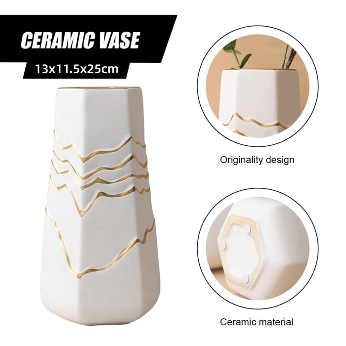 White Ceramic Flower Vase with Gold Accents
