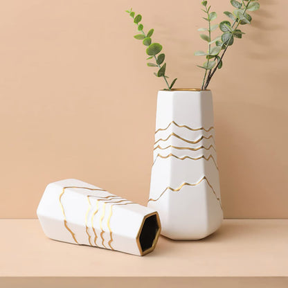 Ceramic Flower Vase White with Gold Accents Home Hotel Decor