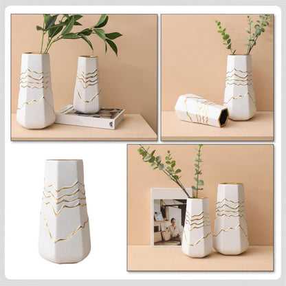 Ceramic Flower Vase White with Gold Accents Home Hotel Decor