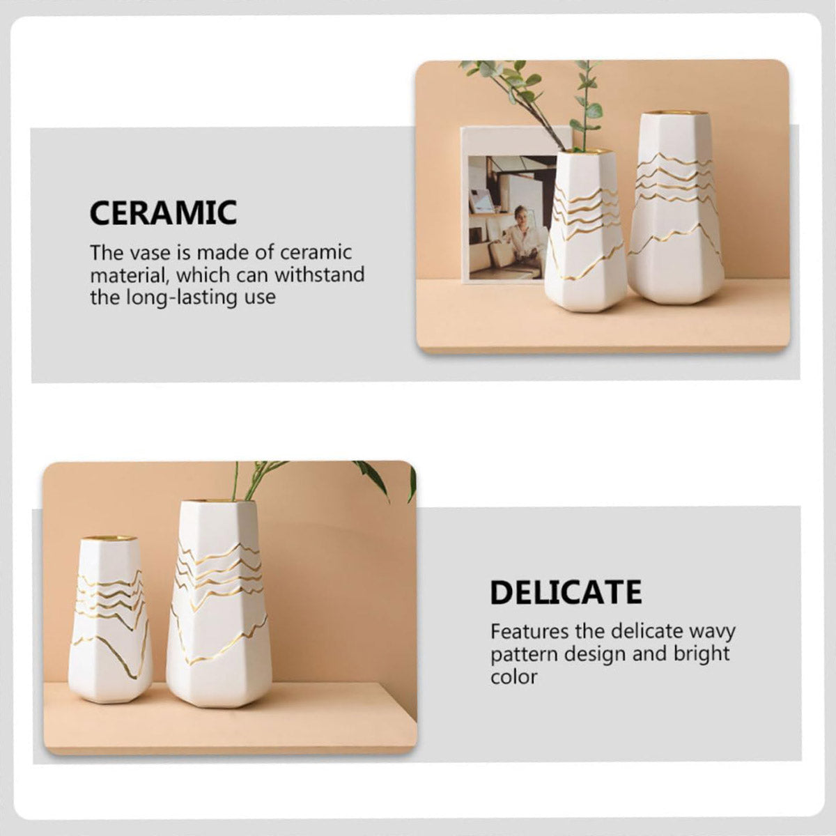 Ceramic Flower Vase White with Gold Accents Home Hotel Decor