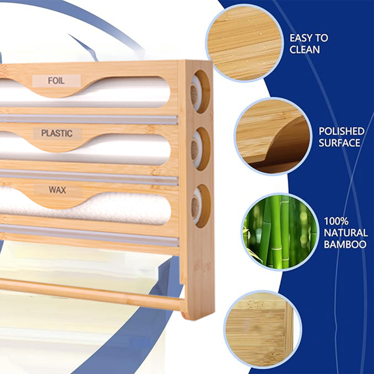 Bamboo Plastic Wrap Cutter Wall Mount Kitchen Storage Organizer