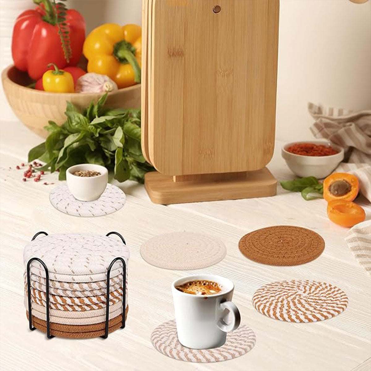 Round Cotton Woven Coaster Heat Resistant Dining Table Mat Set of 8