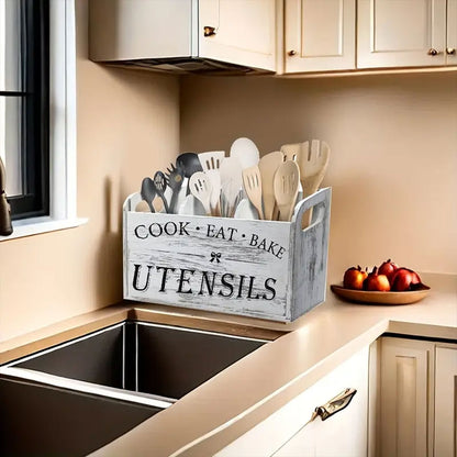 Wooden Rustic Cutlery Organizer Kitchen Utensil Holder Caddy With Handle