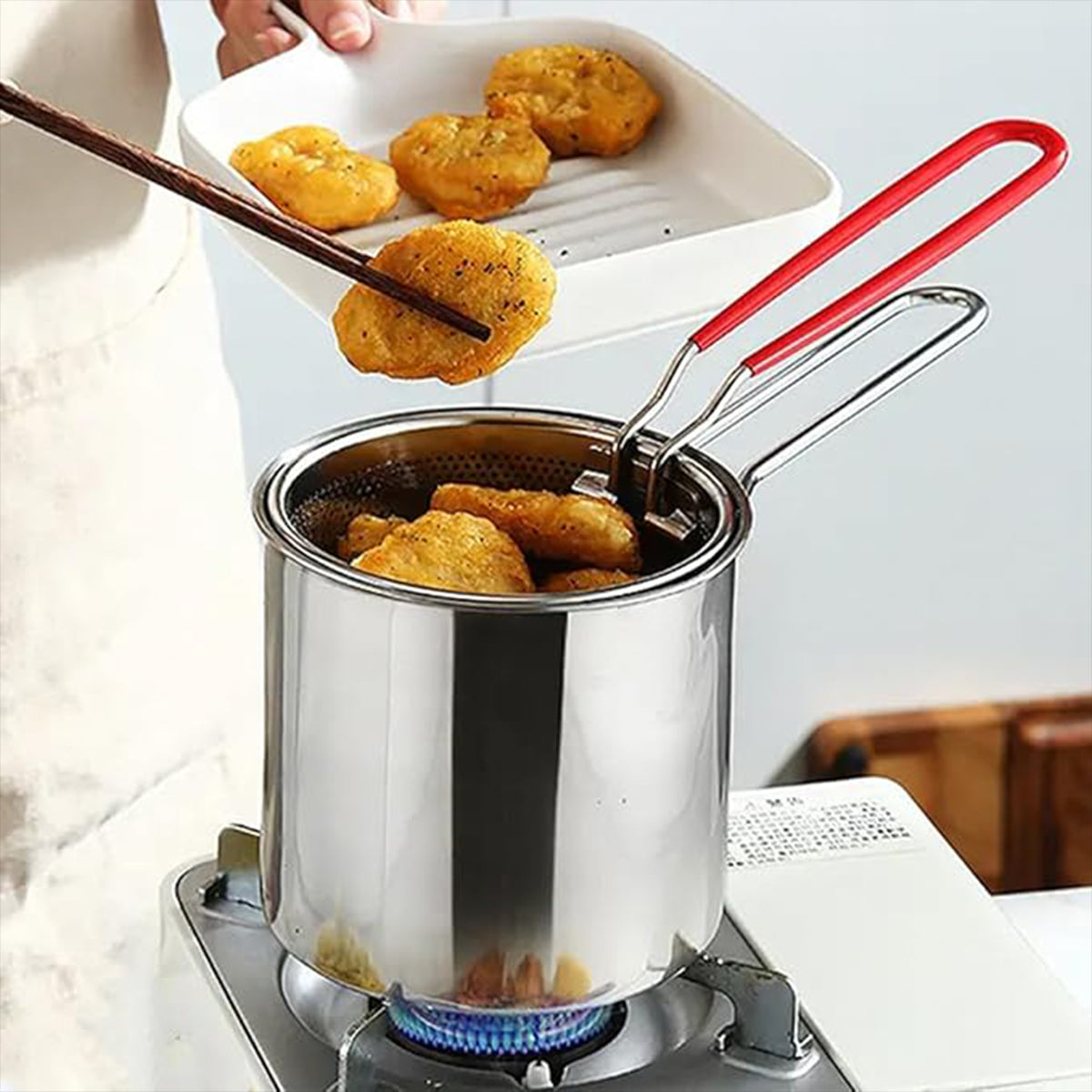 4PCS Stainless Steel Fryer Set Basket Lid Clip Induction Stove Cooking Pot