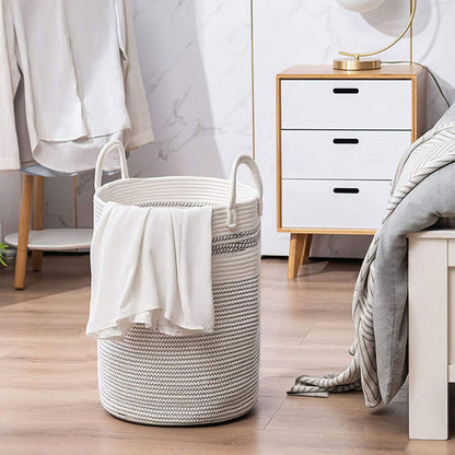 Woven Cotton Rope Storage Basket Foldable Laundry Bin Bamboo Clothes Organizer