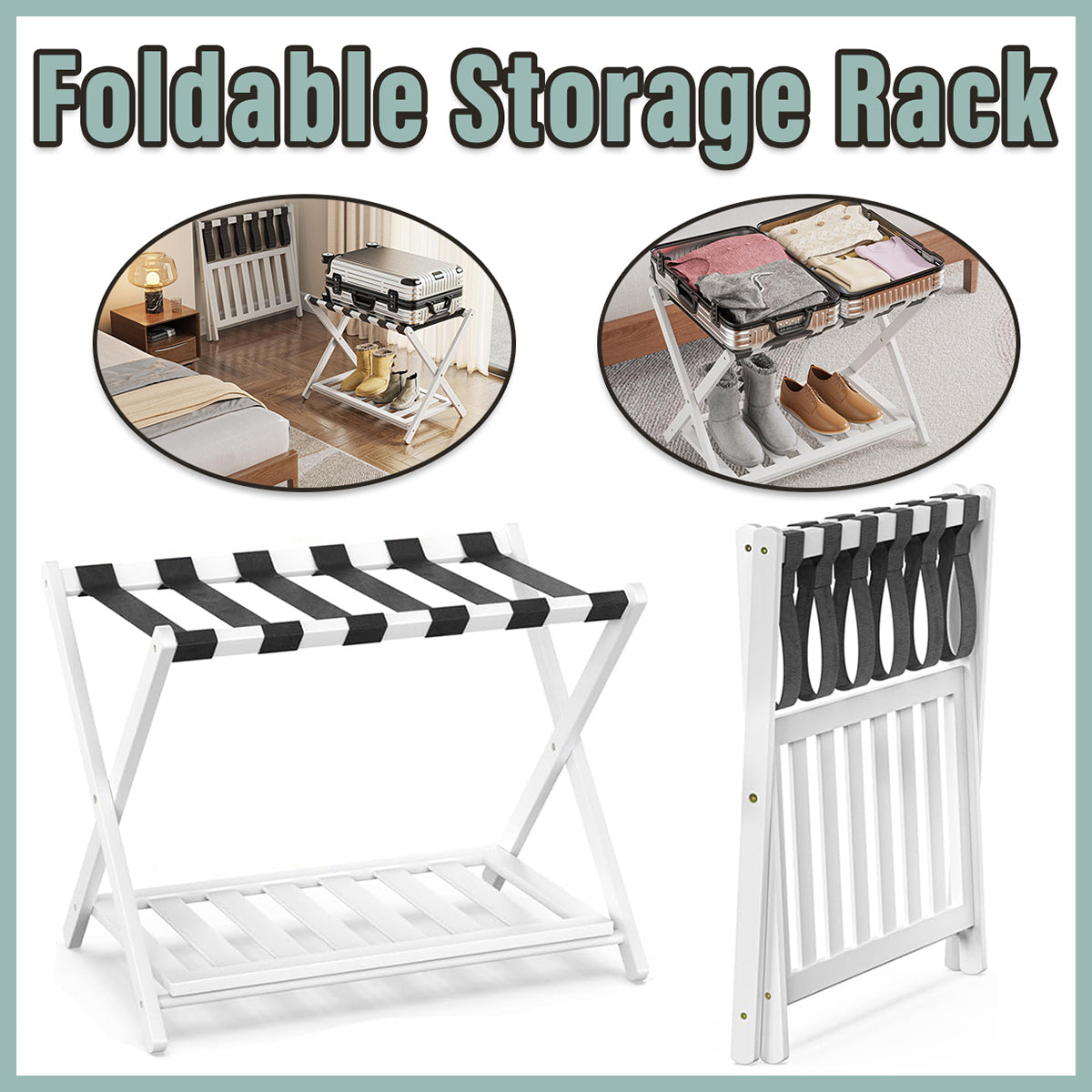 Bamboo Luggage Rack Foldable with Bottom Shelf for Guest Rooms