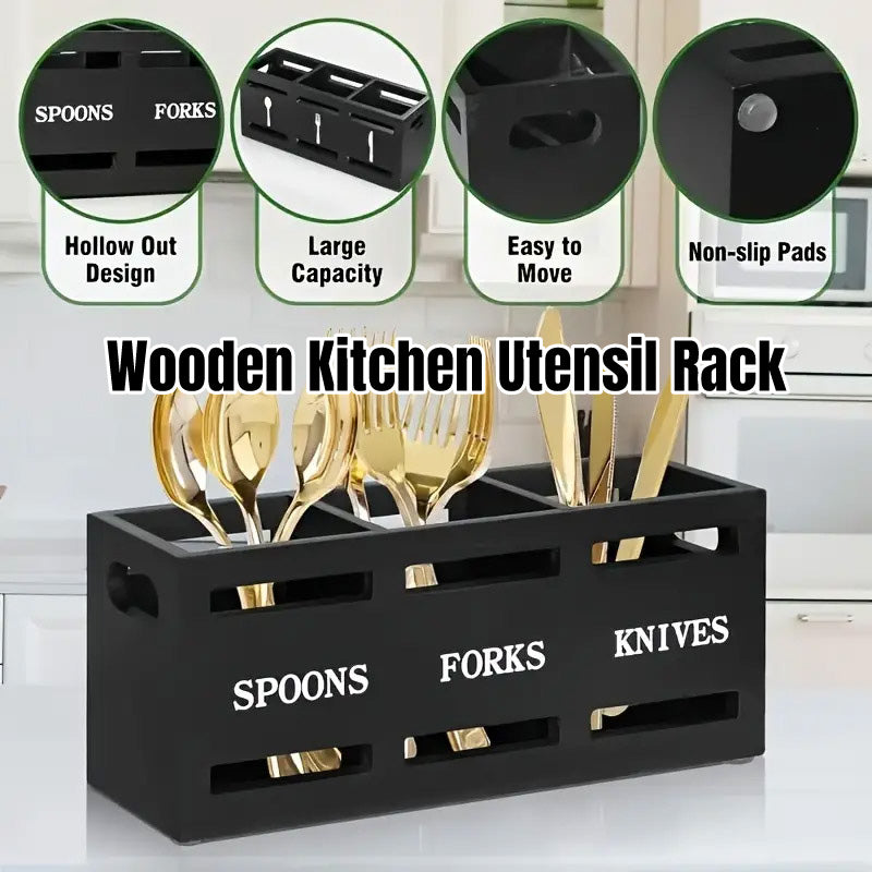 Wooden Knife Fork Storage Box Chopsticks Spoon Organizer Rectangular Kitchen