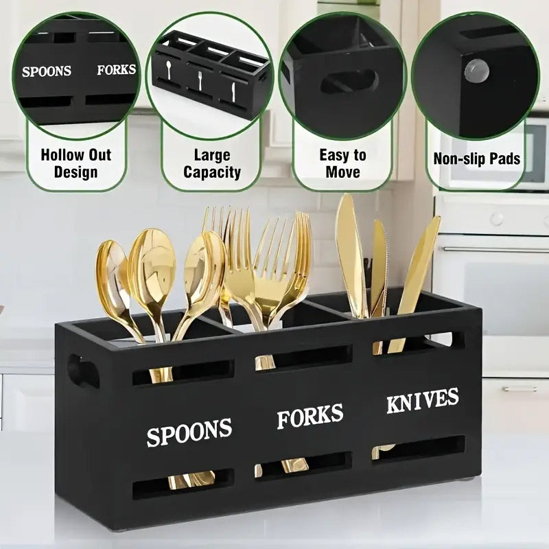 Wooden Knife Fork Storage Box Chopsticks Spoon Organizer Rectangular Kitchen