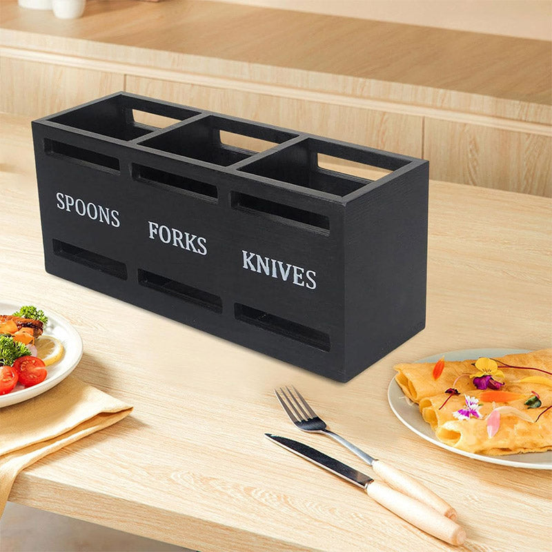 Wooden Knife Fork Storage Box Chopsticks Spoon Organizer Rectangular Kitchen