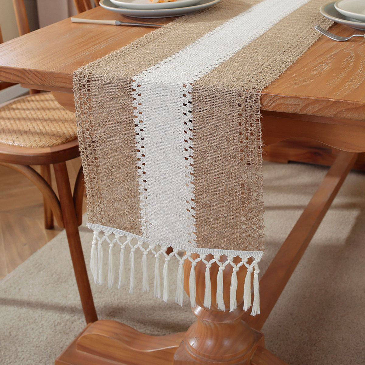 Cotton Linen Table Runner with Knot Tassel Bed End Towel Long Tablecloth Mat  AU