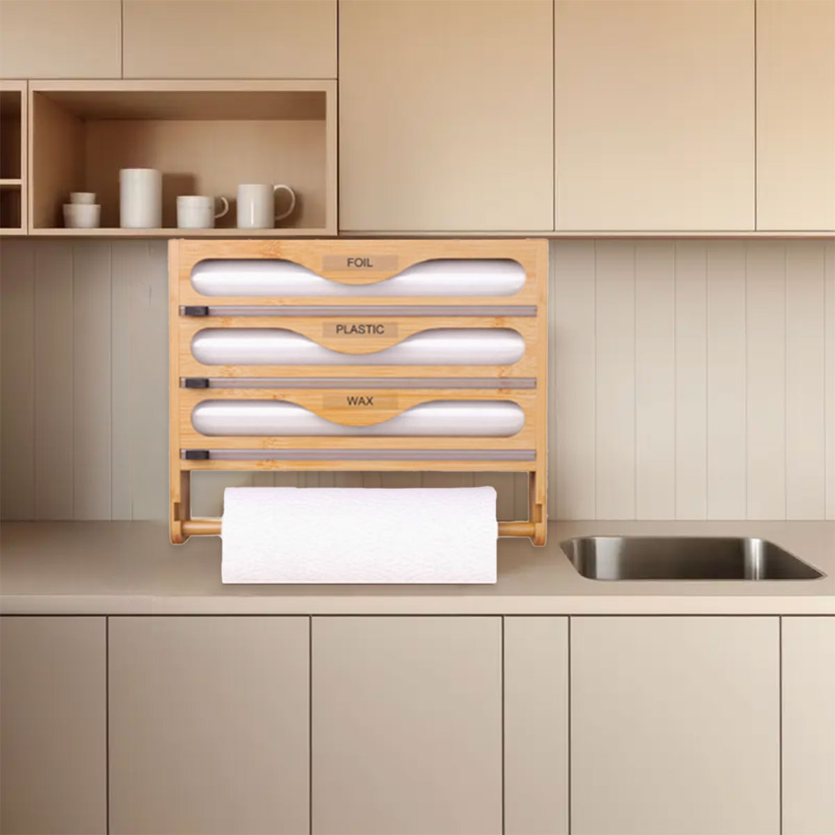 Bamboo Plastic Wrap Cutter Wall Mount Kitchen Storage Organizer