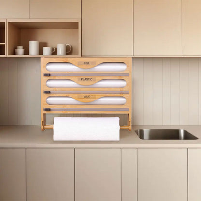 Bamboo Plastic Wrap Cutter Wall Mount Kitchen Storage Organizer