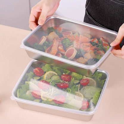 2PCS Stainless Steel Square Food Tray With Lid Rectangular Storage Box Plate AU