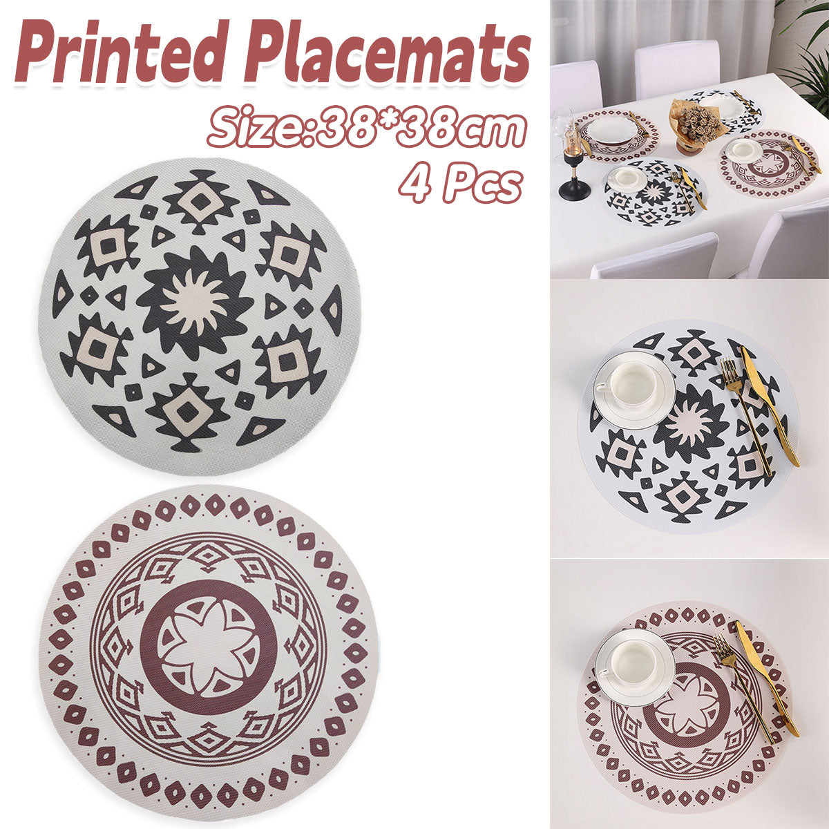 4PCS Bohemian Placemats Round Printed Heat Resistant Easy Clean Dining Mats
