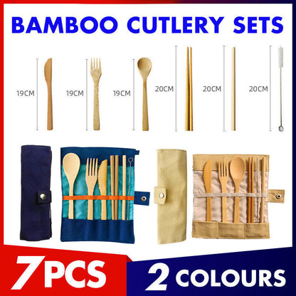 7 Pcs Reusable Bamboo Cutlery Set for Camping Travel Office