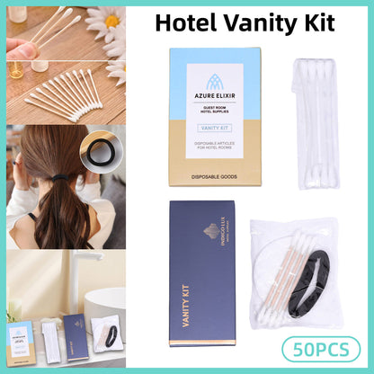 50 Pack Hotel Amenity Kits Cotton Swabs Pads Hair Bands