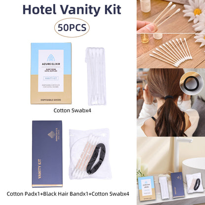 50 Pack Hotel Amenity Kits Cotton Swabs Pads Hair Bands