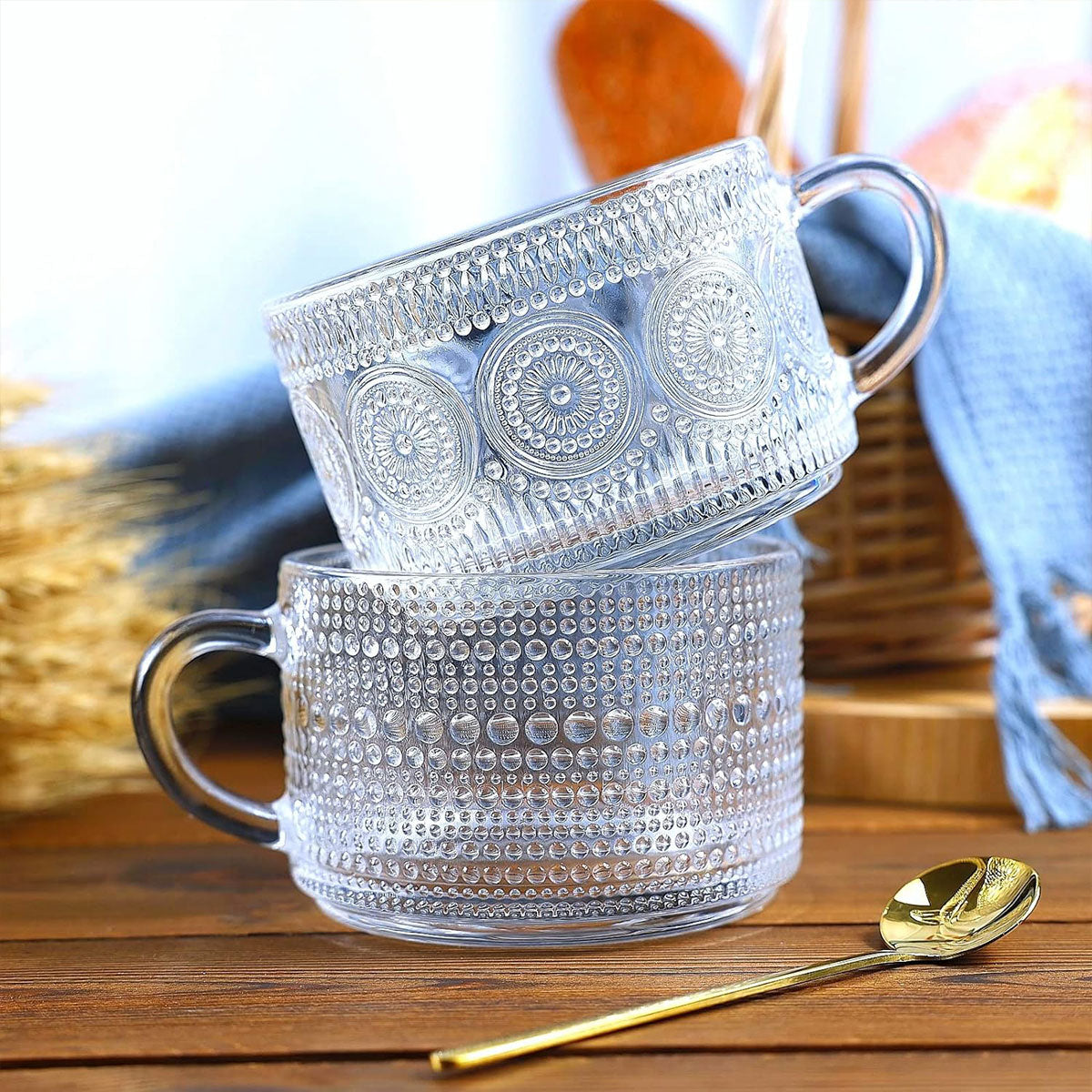 4PCS Vintage Embossed Glass Coffee Cups 14oz with Lid and Spoon for Tea Milk AU
