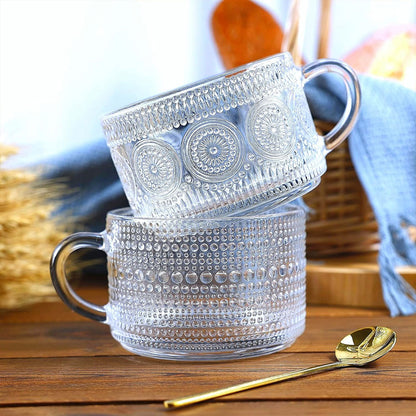 4PCS Vintage Embossed Glass Coffee Cups 14oz with Lid and Spoon for Tea Milk AU