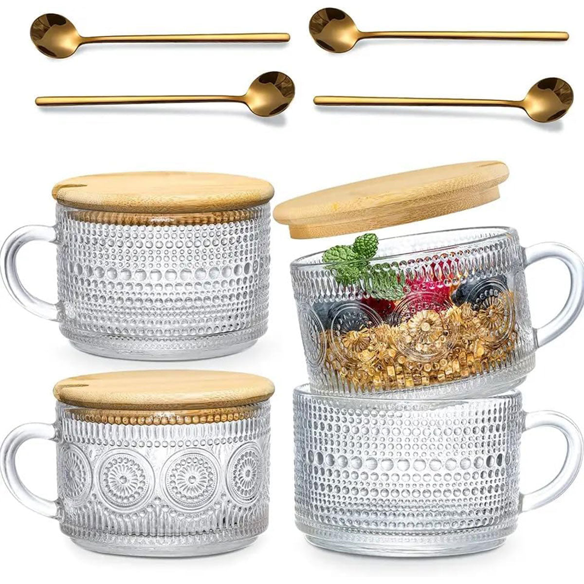 4PCS Vintage Embossed Glass Coffee Cups 14oz with Lid and Spoon for Tea Milk AU