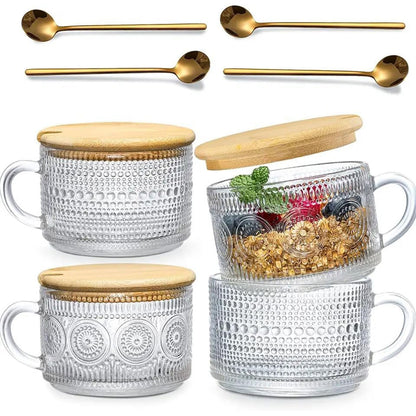 4PCS Vintage Embossed Glass Coffee Cups 14oz with Lid and Spoon for Tea Milk AU