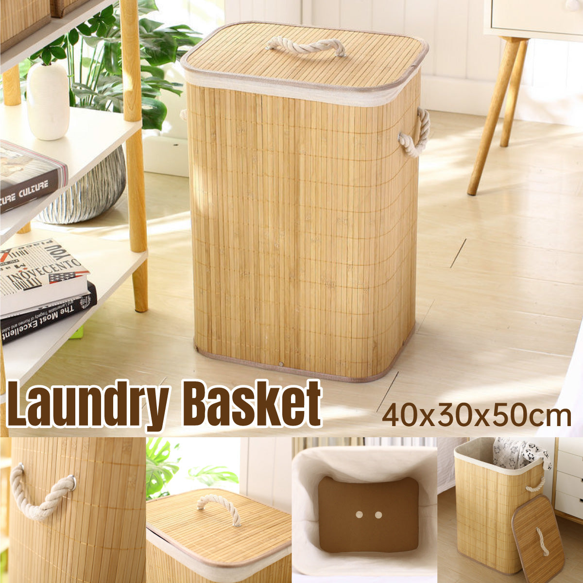 Dustproof Bamboo Laundry Basket with Lid Clothes Storage