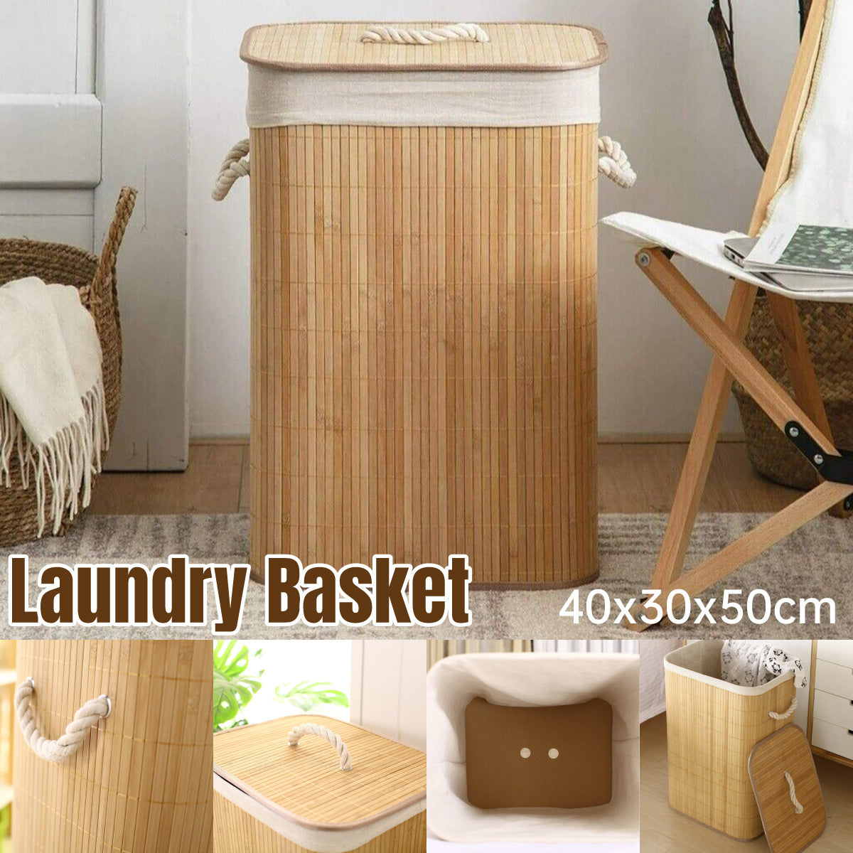 Dustproof Bamboo Laundry Basket with Lid Clothes Storage