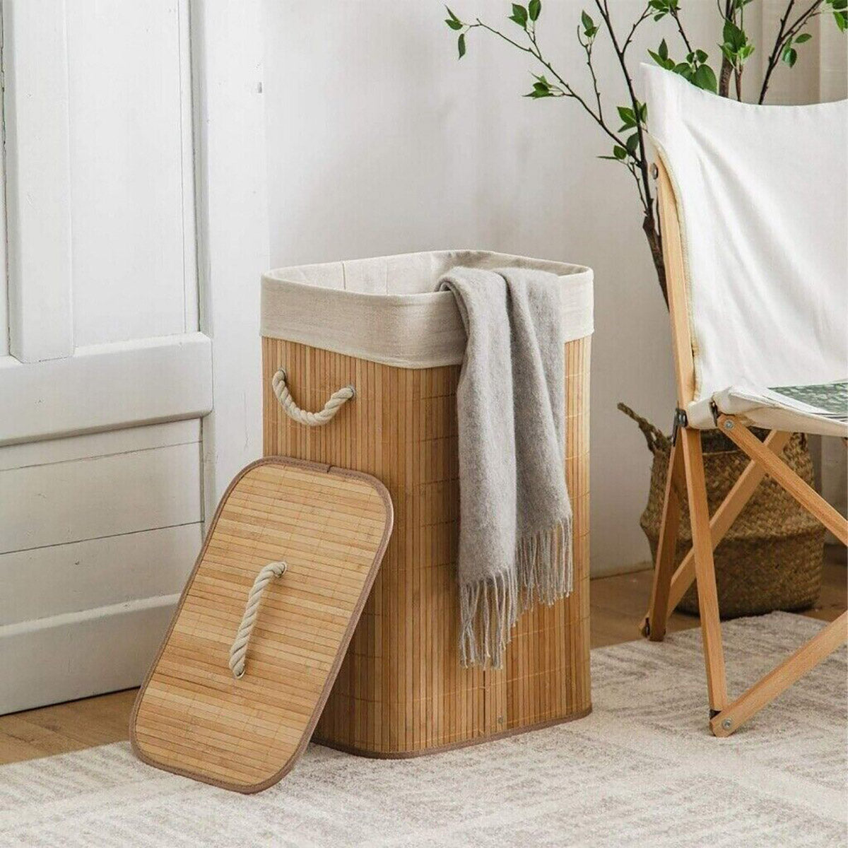Dustproof Bamboo Laundry Basket with Lid Clothes Storage