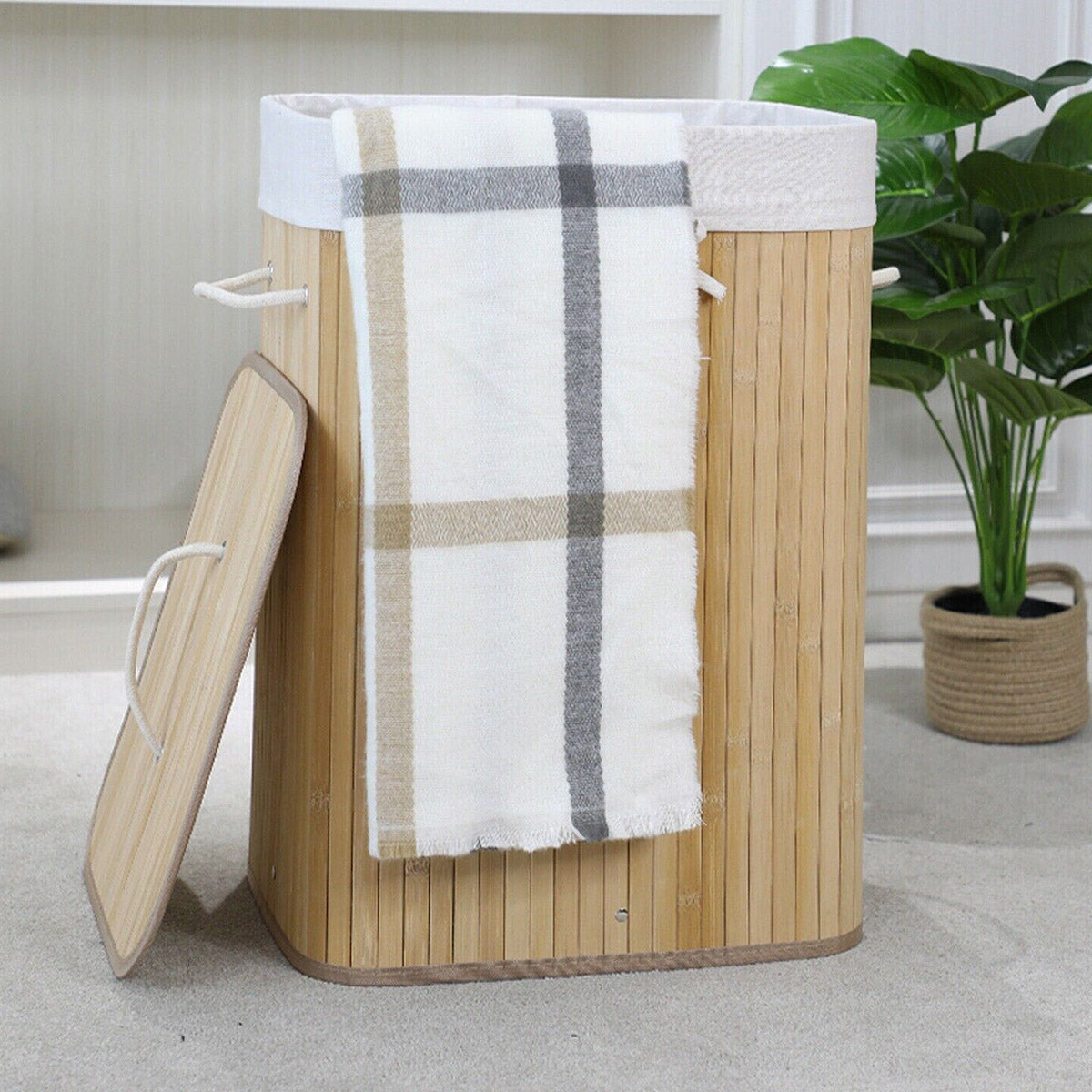 Dustproof Bamboo Laundry Basket with Lid Clothes Storage