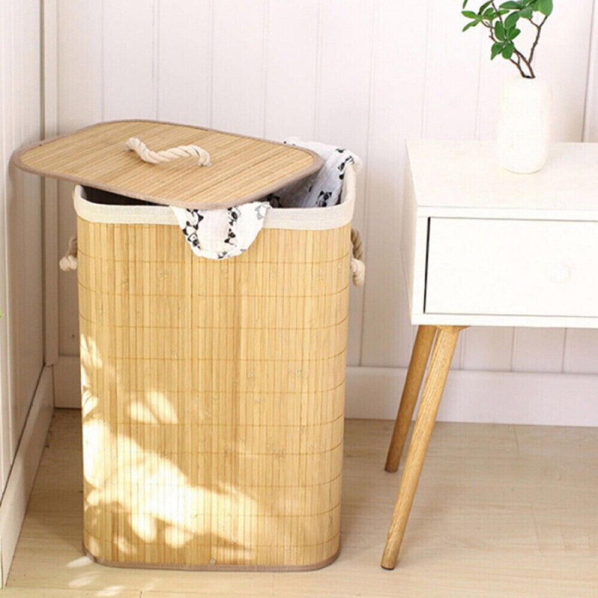 Dustproof Bamboo Laundry Basket with Lid Clothes Storage