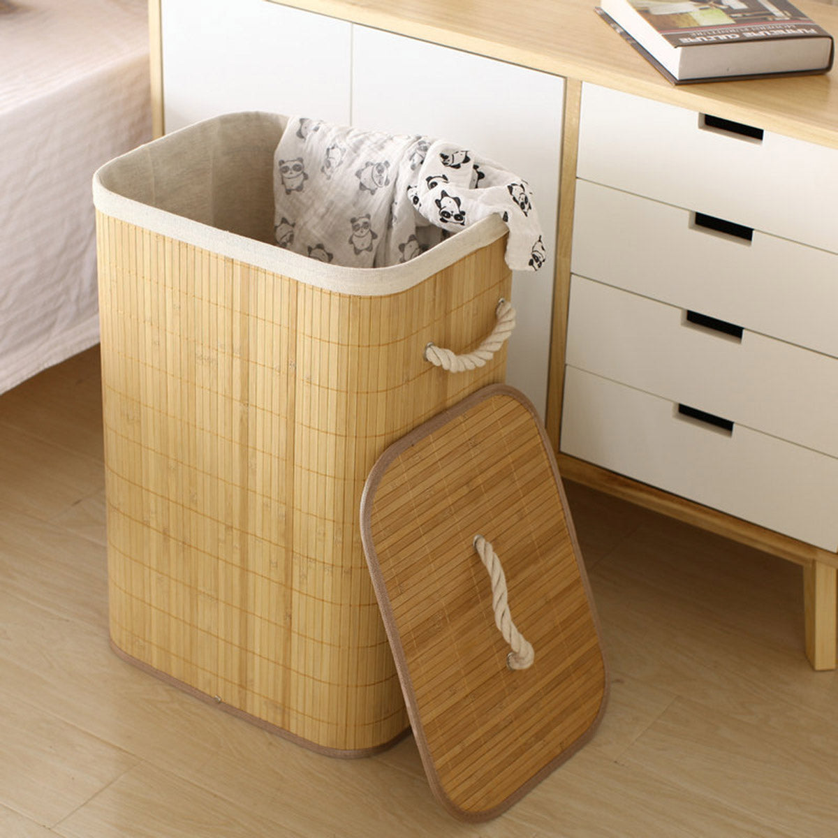 Dustproof Bamboo Laundry Basket with Lid Clothes Storage