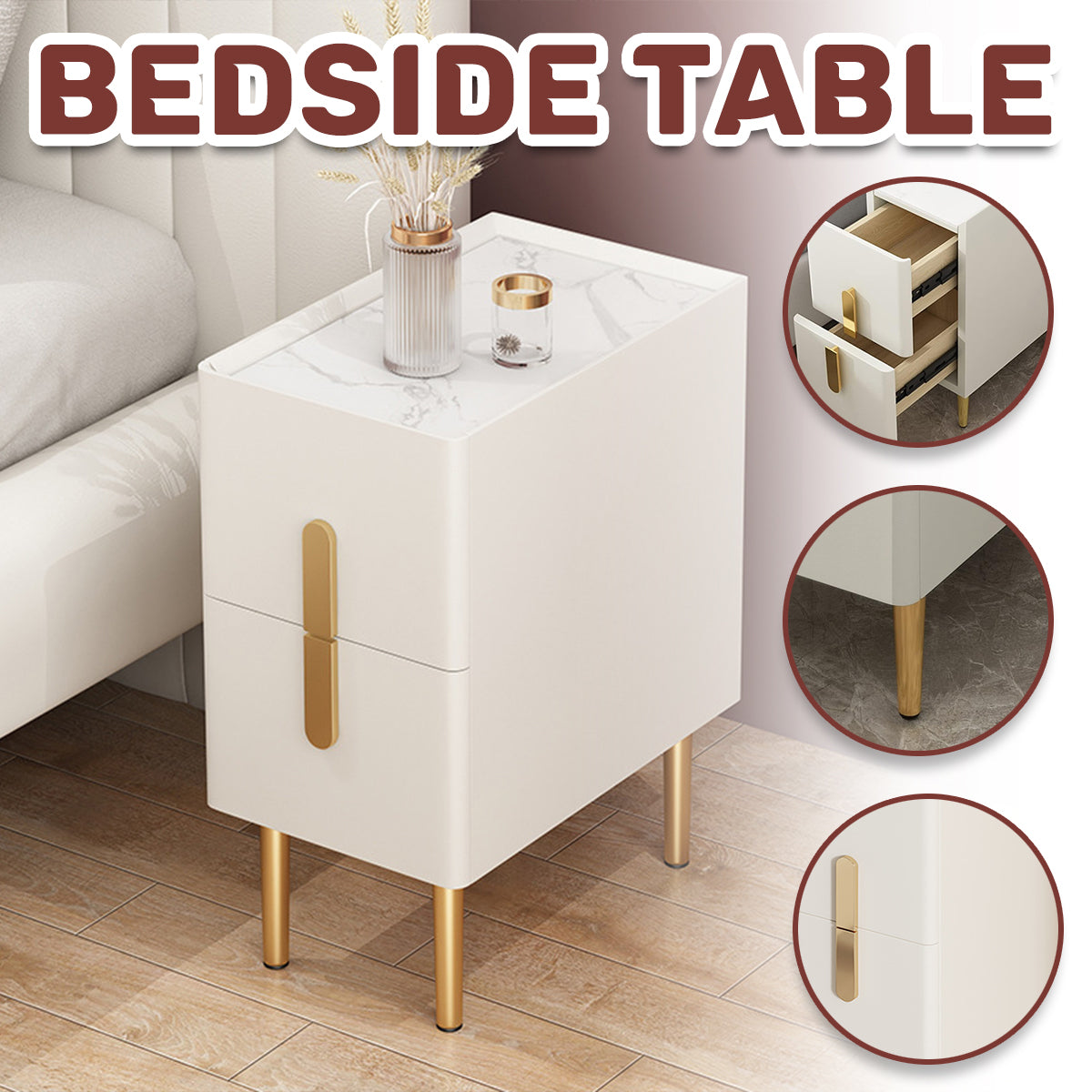 Narrow Nightstand Table Modern Style White Small Two Drawers Bedside Cabinet
