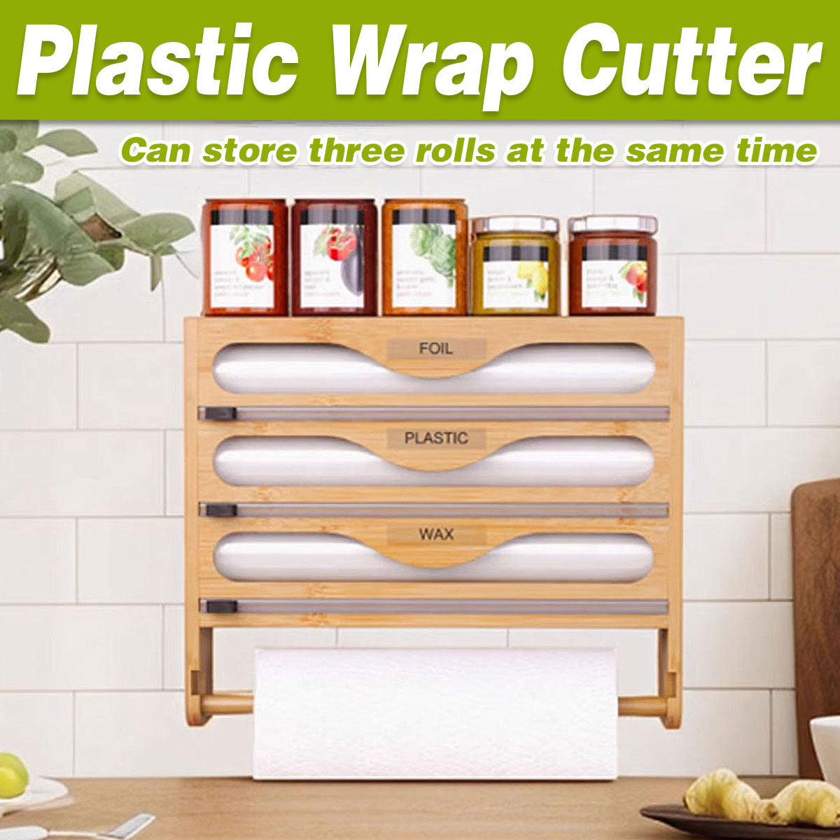 Bamboo Plastic Wrap Cutter Wall Mount Kitchen Storage Organizer