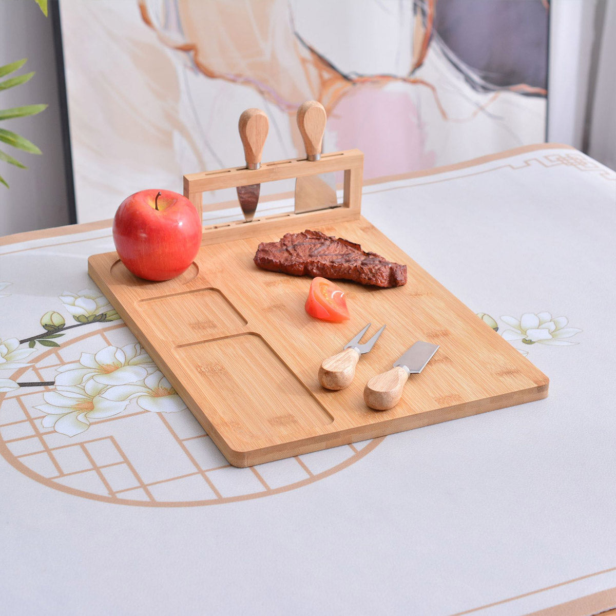 Bamboo Chopping Board Cheese Board Set with Knives Charcuterie Serving Tray