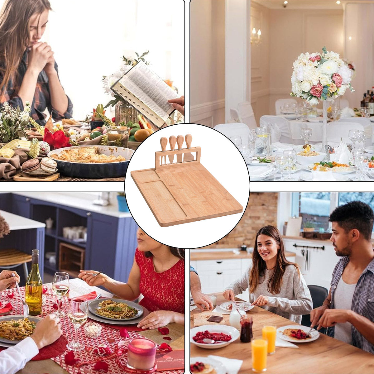 Bamboo Chopping Board Cheese Board Set with Knives Charcuterie Serving Tray