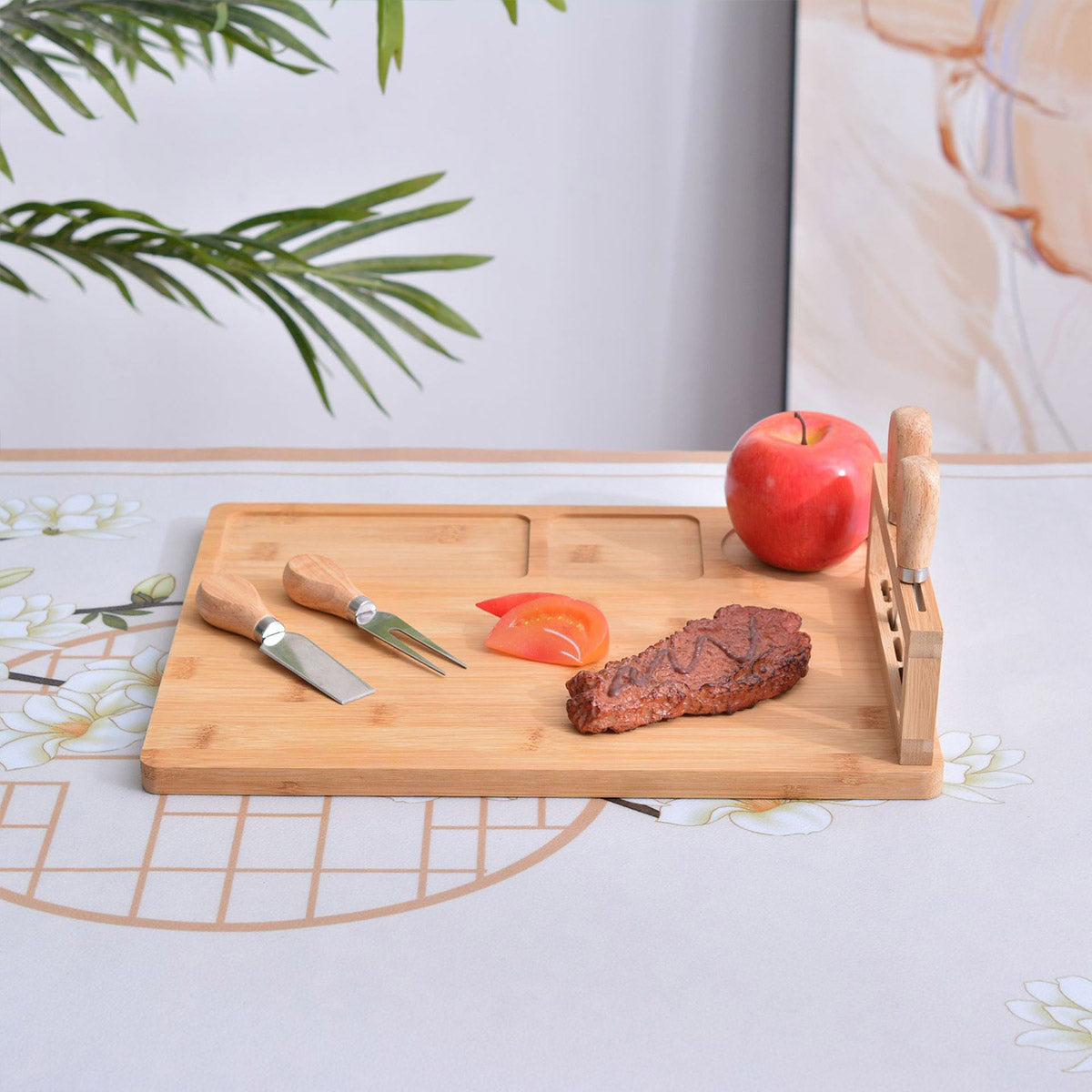 Bamboo Chopping Board Cheese Board Set with Knives Charcuterie Serving Tray