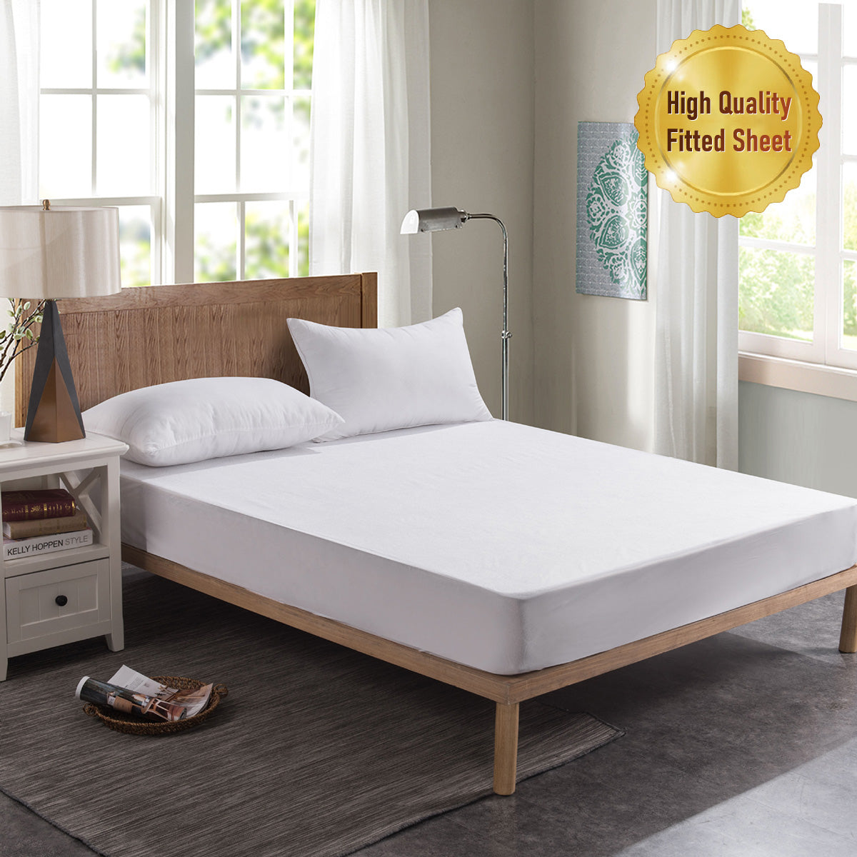 Hotel Cotton Fitted Sheet White Satin Striped, 5 Sizes