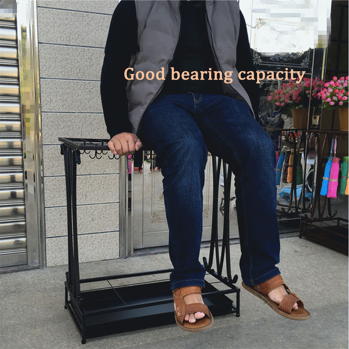 Wrought Iron Umbrella Storage Rack with Water Tray 50x24x70cm