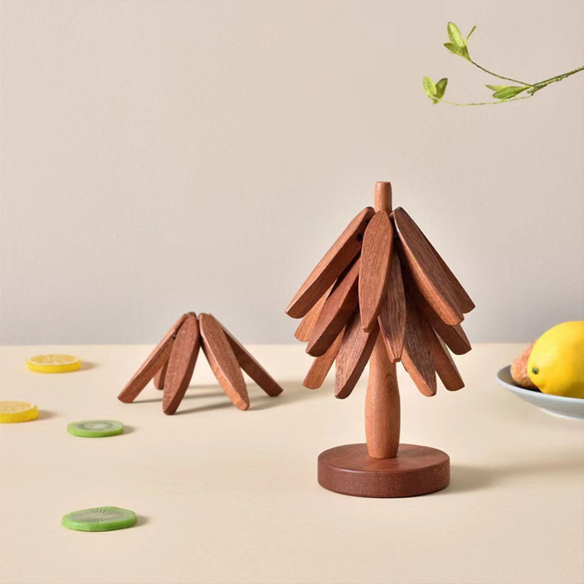 Solid Walnut Wood Christmas Tree Trivet Heat-Resistant Coaster Set