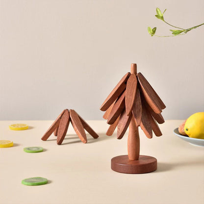 Solid Walnut Wood Christmas Tree Trivet Heat-Resistant Coaster Set